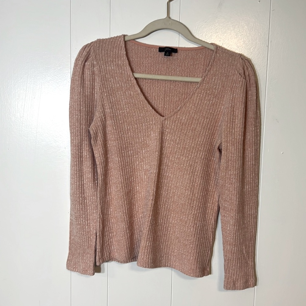 Jcrew Puff-sleeve V-neck Top Soft Rib Pink Heather Ribbed Long Sleeve Shirt